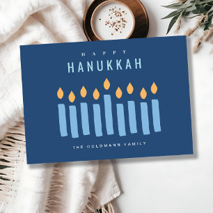Minimal Simple Blue Yellow Candles Happy Hanukkah Holiday Card