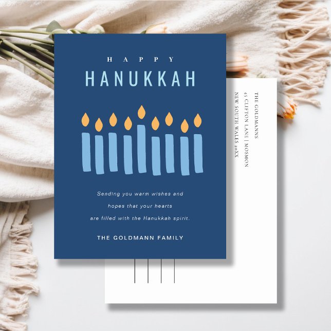 Minimal Simple Blue Yellow Candles Happy Hanukkah Holiday Postcard (Creator Uploaded)