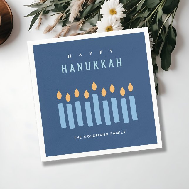 Minimal Simple Blue Yellow Candles Happy Hanukkah Napkin (Creator Uploaded)