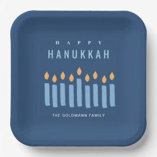 Minimal Simple Blue Yellow Candles Happy Hanukkah Paper Plate