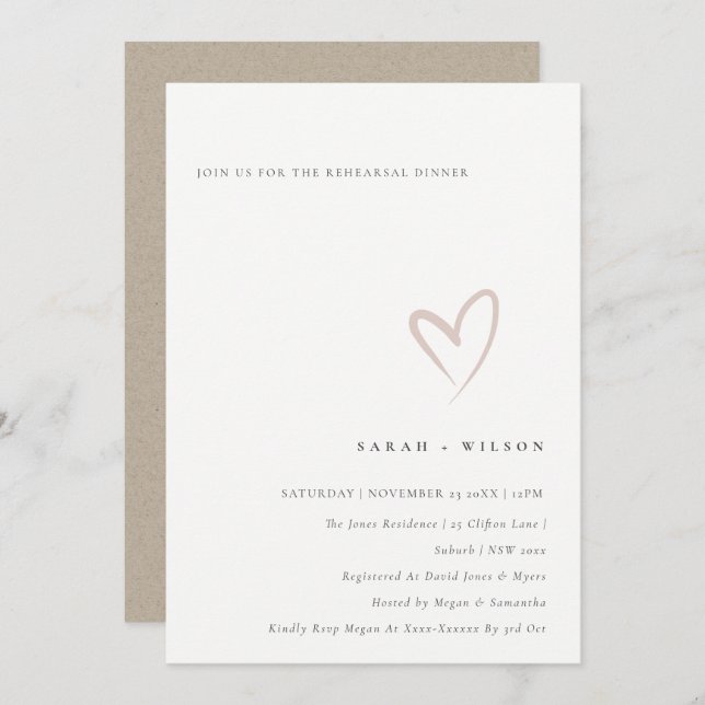 Minimal Simple Blush Heart Rehearsal Dinner Invite (Front/Back)