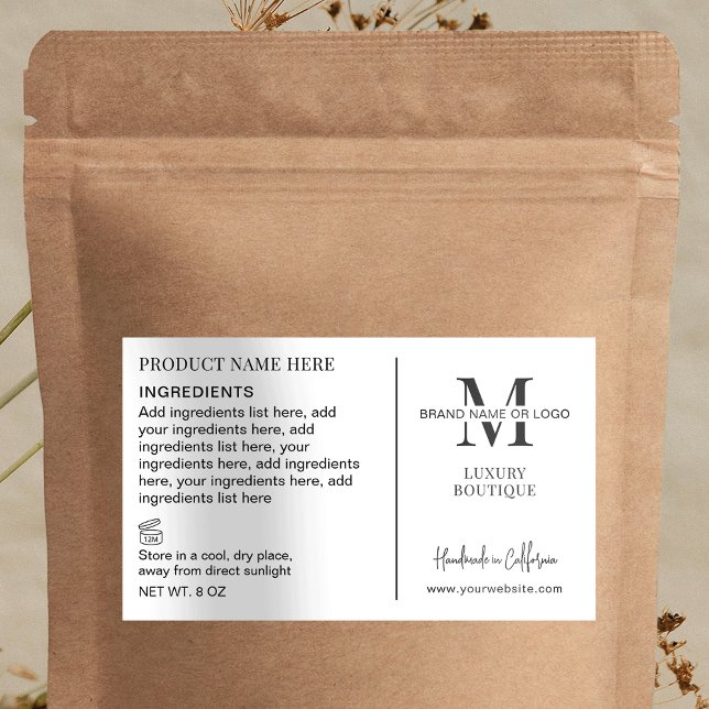 Minimal Simple Business Logo Product Ingredients Rectangular Sticker (Minimalist product label with ingredients and space for your monogram or logo)