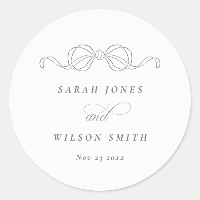 Minimal Simple Dusky Blue Coquette Bow Wedding Classic Round Sticker (Front)