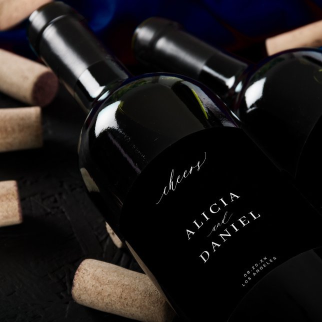 Minimal simple elegant black wedding cheers wine label (Creator Uploaded)