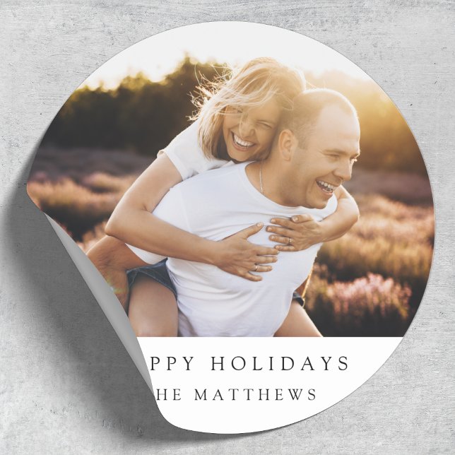 Minimal Simple Elegant Christmas Couple Photo Classic Round Sticker (Creator Uploaded)