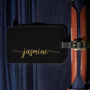 Minimal Simple Girly Black Gold Calligraphy Script Luggage Tag