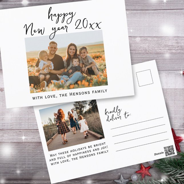 Minimal Simple Happy New Year Script Family Photo Holiday Postcard (Custom photos on the front and on the backside.)