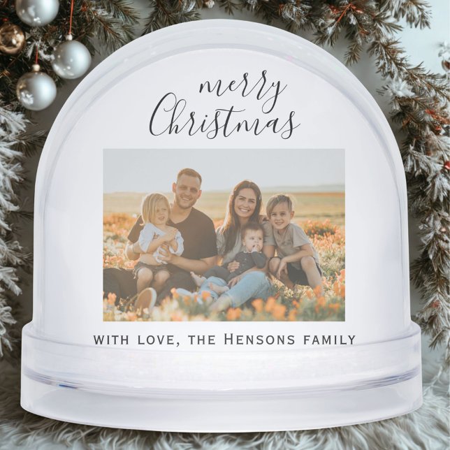 Minimal Simple Merry Christmas Script Family Photo Snowglobe (Creator Uploaded)