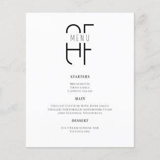 Minimal simple monogram modern white Dinner Menu
