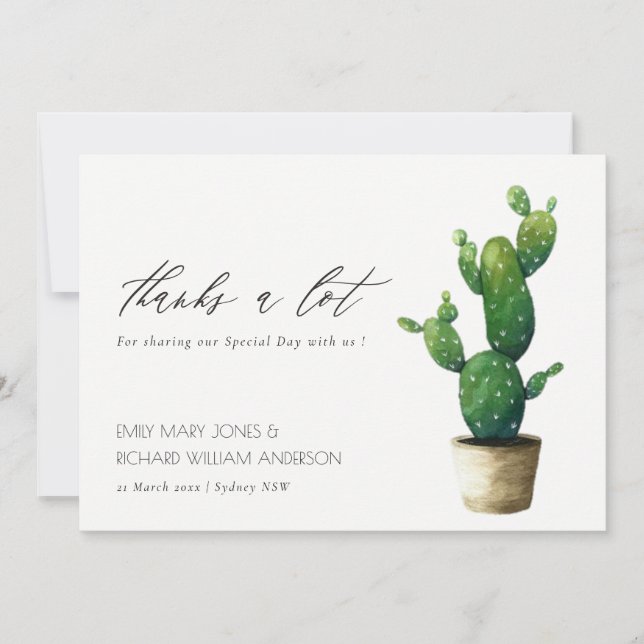 Minimal Simple Potted Cactus Green Foliage Wedding Thank You Card (Front)