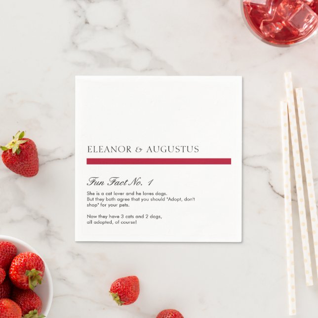 Minimal Simple Red Modern Fun Facts Wedding Napkin (Insitu)