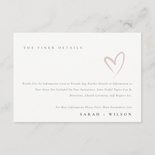 Minimal Simple Script Blush Heart Wedding Details Enclosure Card (Front)