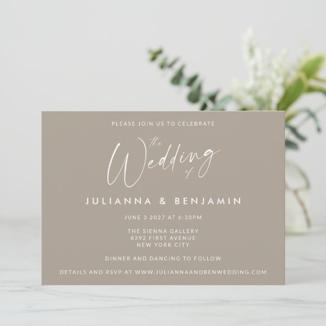Minimal Simple Taupe Brown Modern Script Wedding   Invitation (Standing Front)
