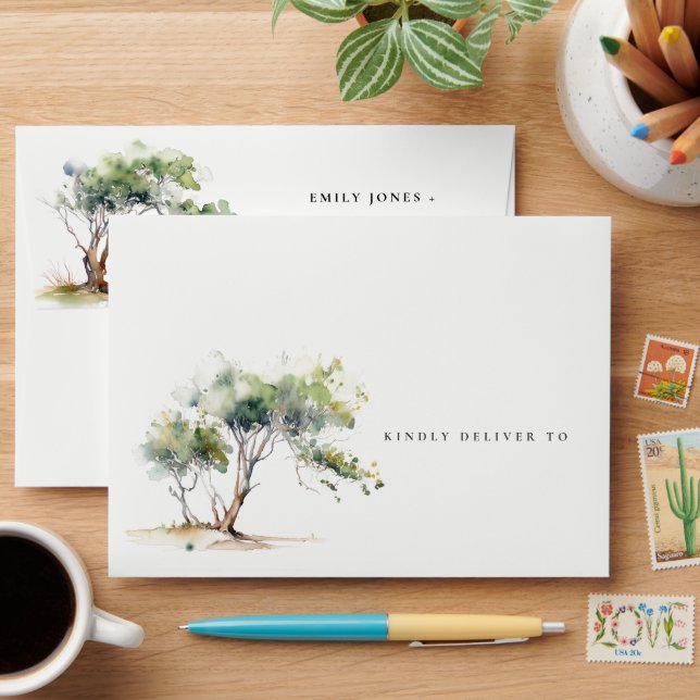 Minimal Simple Watercolor Botanical Tree Wedding Envelope (Desk)