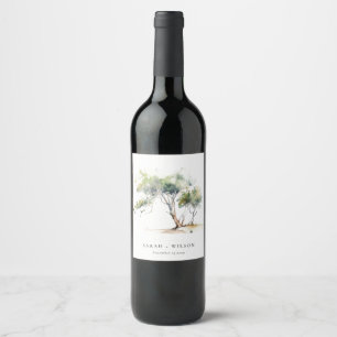 Minimal Simple Watercolor Botanical Tree Wedding Wine Label