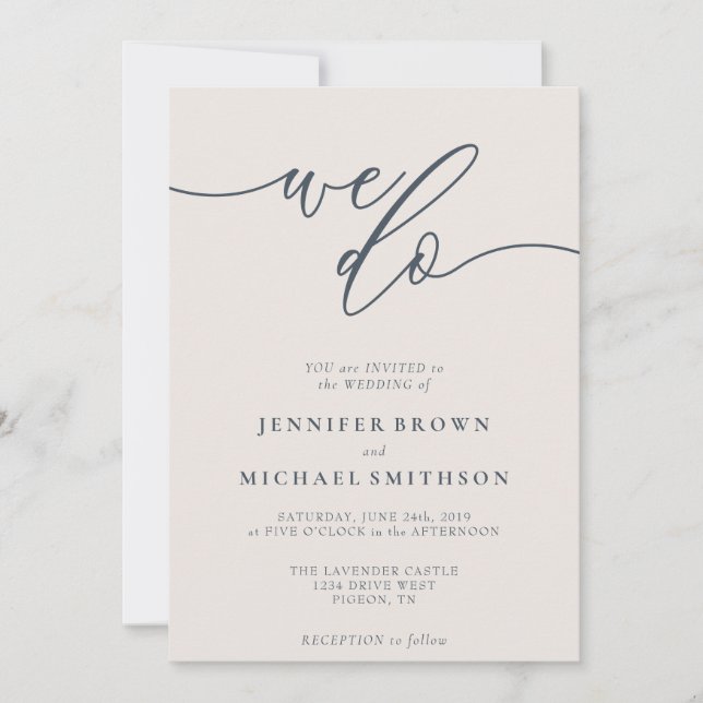 Minimal Simple We Do Wedding Announce Navy Beige Invitation (Front)