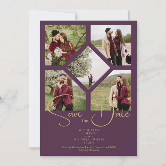 Minimal Simple Wedding Fancy 5 Photos Collage Save The Date (Front)