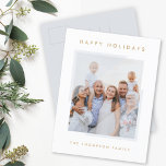 Minimal Simple White | Christmas Family Photo Holiday Postcard<br><div class="desc">Simple, stylish, trendy holiday photo postcard with modern minimal typography quote "Happy Holidays" in gold on a clean simple white background with semi transparent soft grey oversized picture corners. The name, year and greeting can be easily customised for a personal touch. A elegant, minimalist and contemporary christmas card to stand...</div>