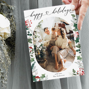 Minimal Single Photo White Red  Holiday Card