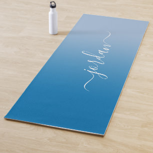 Minimal Sky Blue Gradient White Script Name Yoga Mat
