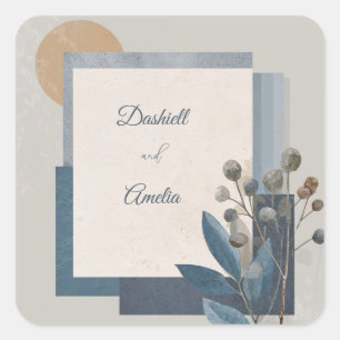 Minimal Slate Blue Terracotta Geometric Botanical Square Sticker
