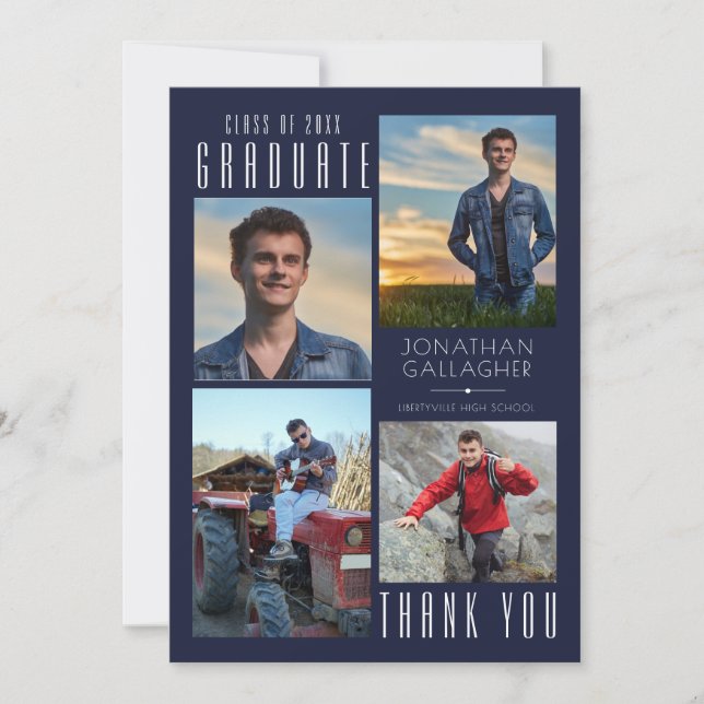 Minimal Sleek GRADUATE THANK YOU Four Photos Navy (Front)