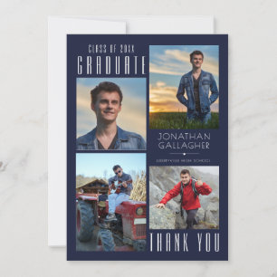 Minimal Sleek GRADUATE THANK YOU Four Photos Navy Card