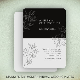 Minimal Smokey Black Foliage Outline Wedding Invitation