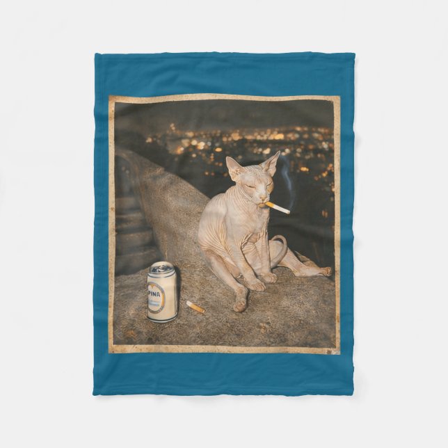 Minimal Smoking Sphynx Cat Meme Funny Fleece Blanket (Front)