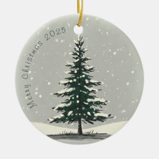 Minimal Snow Christmas Tree Winter Watercolor Ceramic Ornament