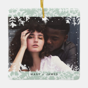 Minimal Snowflakes Frame Merry and Married Photo Ceramic Ornament