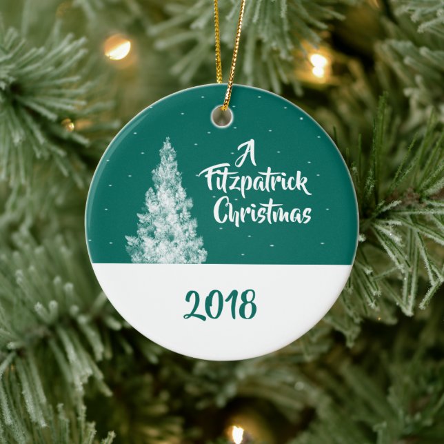 Minimal Snowy Tree Teal and White Holiday Keepsake Ceramic Ornament (Tree)