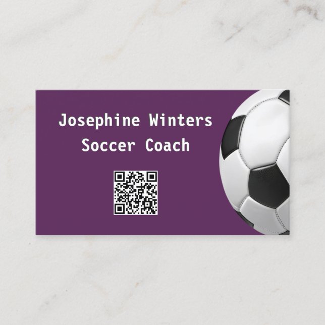 Minimal Soccer Ball Purple QR Code Football Coach Business Card (Front)