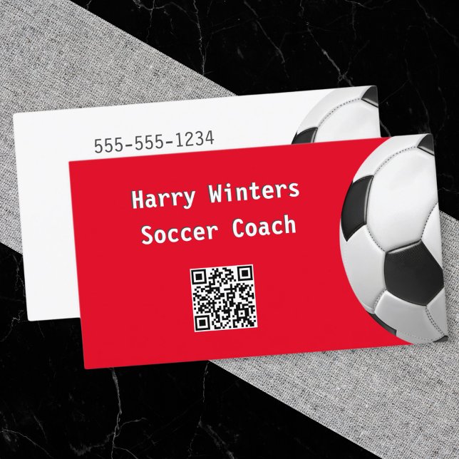 Minimal Soccer Ball Red QR Code Football Coach Business Card (An eye-catching business card for a soccer coach, in red with football design and custom QR code)