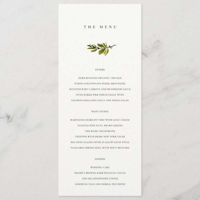 Minimal Soft Black & White Pine Branch Wedding Menu (Front)