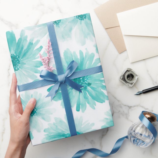 Minimal Soft Blue Mint Daisy Watercolor Pattern Wrapping Paper (Gifting)