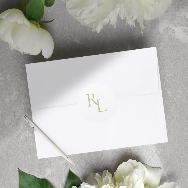 Minimal Soft Green Wedding Couple Initials  Classic Round Sticker (Creator Uploaded)