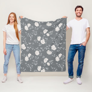 Minimal Soft Grey Rose White Floral Pattern Fleece Blanket