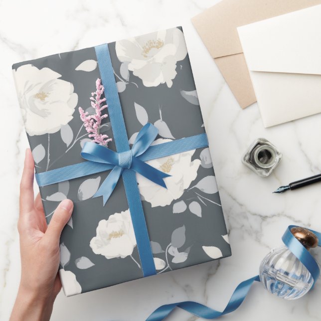 Minimal Soft Grey Rose White Floral Pattern Wrapping Paper (Gifting)