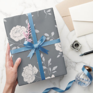 Minimal Soft Grey Rose White Floral Pattern Wrapping Paper