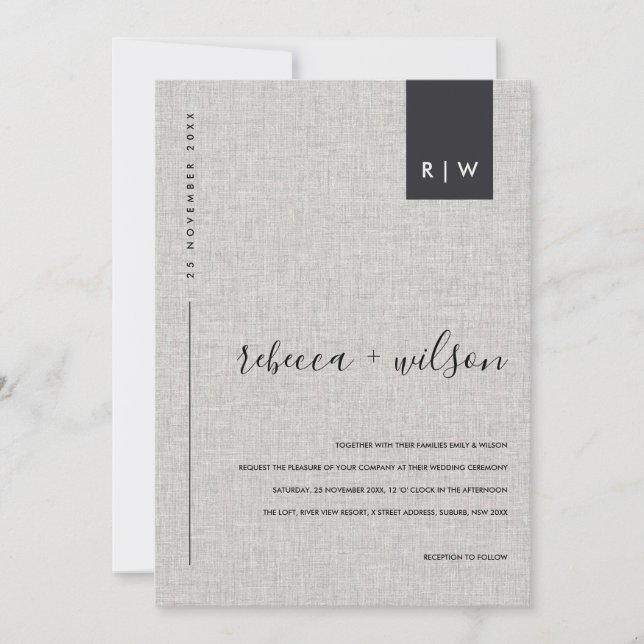 MINIMAL SOFT MODERN GREY LINEN TYPOGRAPHY WEDDING  INVITATION (Front)