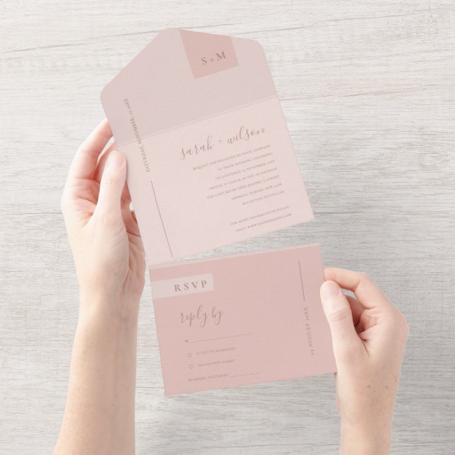 MINIMAL SOFT PASTEL BLUSH DUSKY PINK WEDDING ALL IN ONE INVITATION (Tearaway)