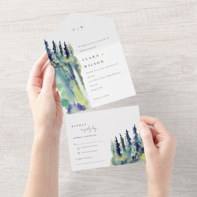 Minimal Soft Pine Tree Mountain Landscape Wedding All In One Invitation (Tearaway)