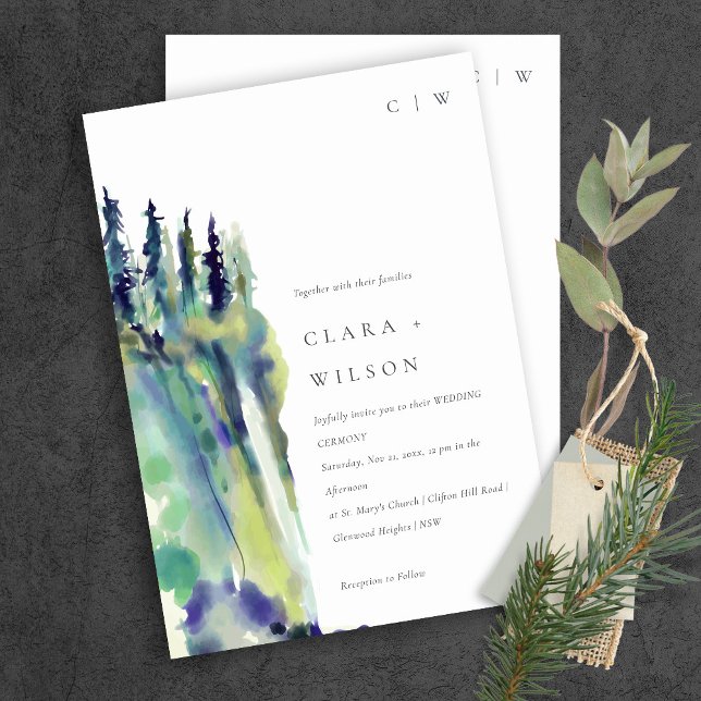 Minimal Soft Pine Tree Mountain Landscape Wedding Invitation (Creator Uploaded)