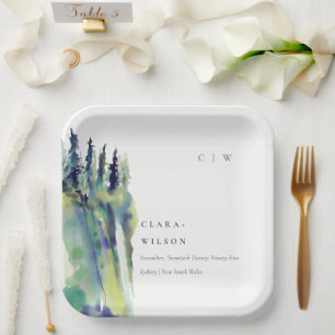 Minimal Soft Pine Tree Mountain Landscape Wedding Paper Plate