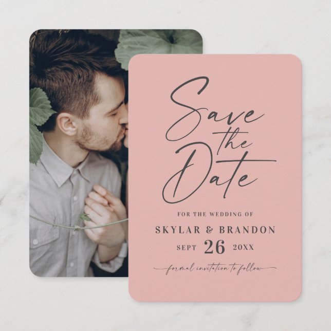 Minimal Solid Dusty Blush Pink Colour Wedding Save The Date (Front/Back)