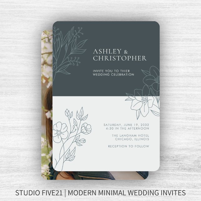 Minimal Space Grey Foliage Outline Photo Wedding Invitation (Creator Uploaded)