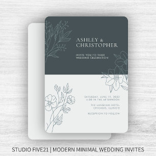 Minimal Space Grey Foliage Outline Wedding Invitation