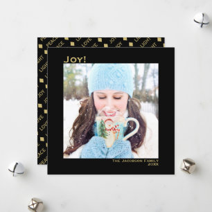 Minimal Square 1 Photo Simple Joy Black & Gold Holiday Card