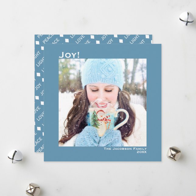 Minimal Square 1 Photo Simple Joy Blue & White Holiday Card (Front/Back In Situ)